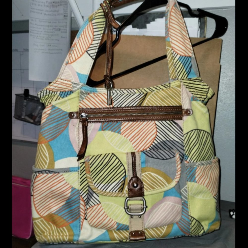 Fossil Key-Per Handbag Purse Tote Brown Leather Geometric Print Canvas